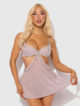 House of Desire Presley Rhinestone Shine Mesh Side Cutout Babydoll Set Silver Gray