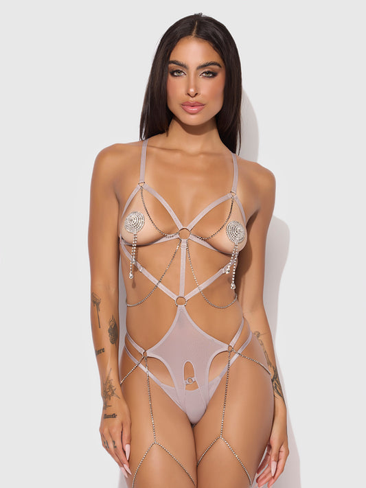 House of Desire Presley Shine Mesh Open Cup & Crotchless Rhinestone Teddy