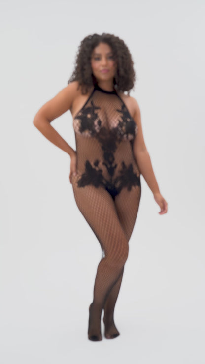 Mapale Queen Halter Crotchless Floral Bodystocking Black