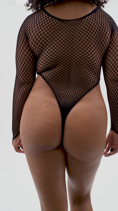 Mapale Queen Long Sleeve Fishnet Bodysuit Black