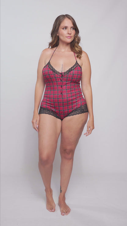 Mapale Lounge Plus Size 7590X Sleep Romper Red Plaid