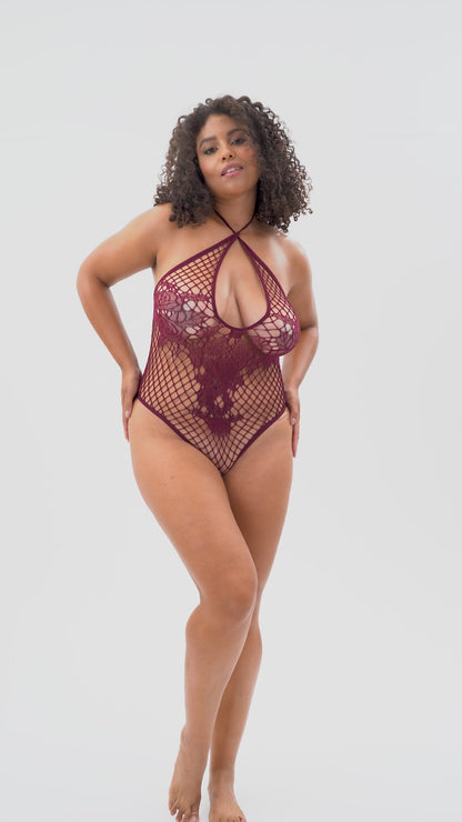 Mapale Queen Floral Fishnet Bodysuit Cherry Red