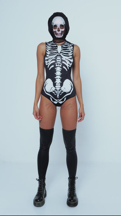 Mapale Lingerie Skeleton Printed Bodysuit Costume Set Black