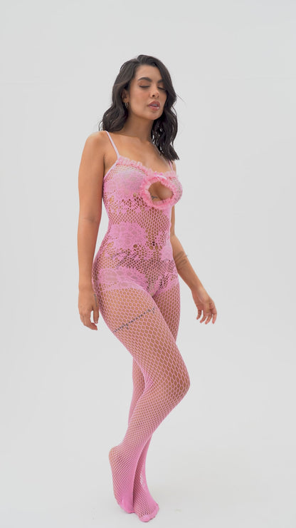 Mapale Valentine Floral Fishnet Bodysuit Set Bubblegum Pink