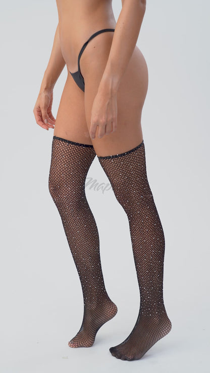 Mapale Diamond Fishnet Rhinestone Thigh High Stockings Black