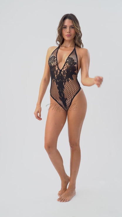 Mapale Floral Fishnet Bodysuit Black