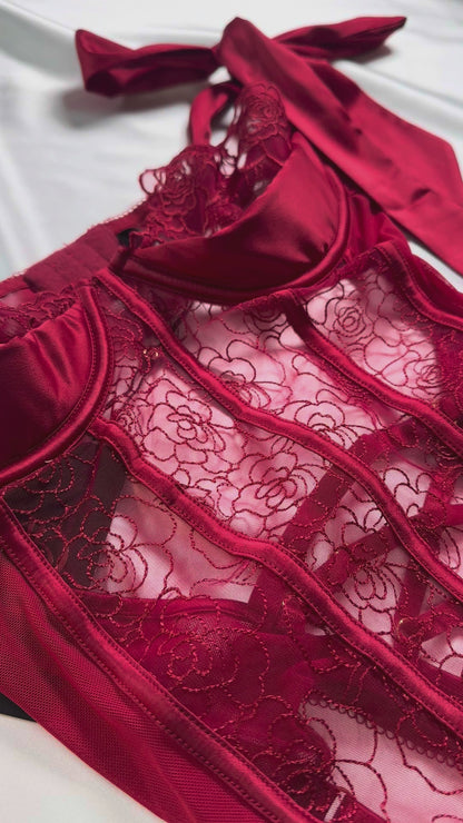 House of Desire Rosalie Embroidered Lace Teddy Crimson Red Roses