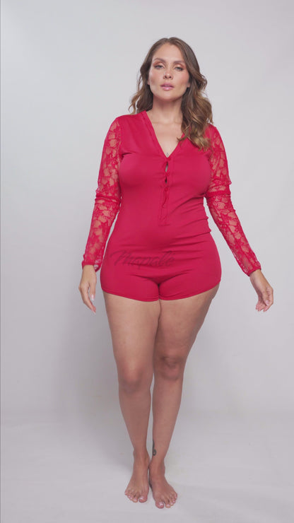 Mapale Lounge Plus Size 7594X Long Sleeve Sleep Romper Red