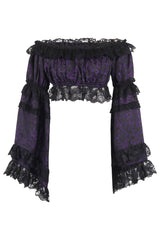 Daisy Corsets Purple/Black Brocade Smocked Flare Sleeve Peasant Top
