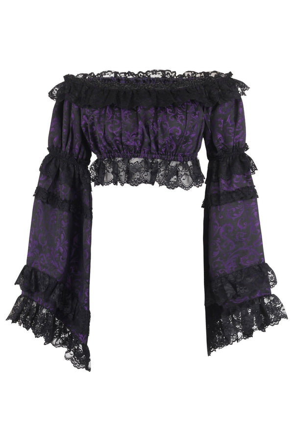Daisy Corsets Purple/Black Brocade Smocked Flare Sleeve Peasant Top