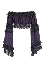 Daisy Corsets Purple/Black Brocade Smocked Flare Sleeve Peasant Top