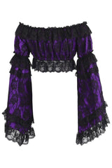 Daisy Corsets Purple/Black Lace Smocked Flare Sleeve Peasant Top
