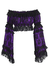 Daisy Corsets Purple/Black Lace Smocked Flare Sleeve Peasant Top