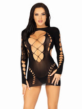 Leg Avenue Seamless Cut Out Long Sleeve Mini Dress With Faux Lace Up Detail