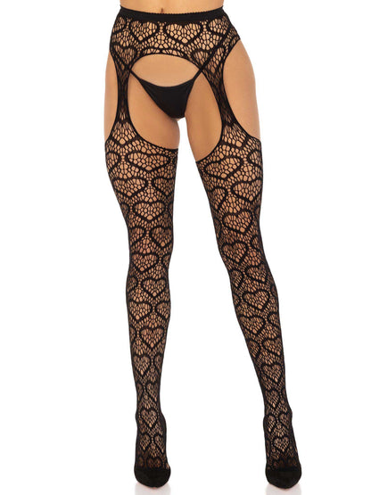 Leg Avenue Heart Net Suspender Pantyhose - One Size - Black