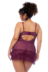 Mapale Plus Queen Eyelash Lace Sheer Underwire Babydoll Wine-Rebel Romance