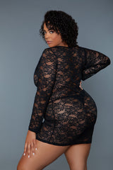 BeWicked Plus Size Queen Lynn Chemise Long Sleeve Black Lace