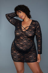 BeWicked Plus Size Queen Lynn Chemise Long Sleeve Black Lace