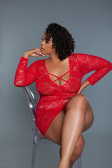 BeWicked Plus Size Queen Lynn Chemise Long Sleeve Red Lace