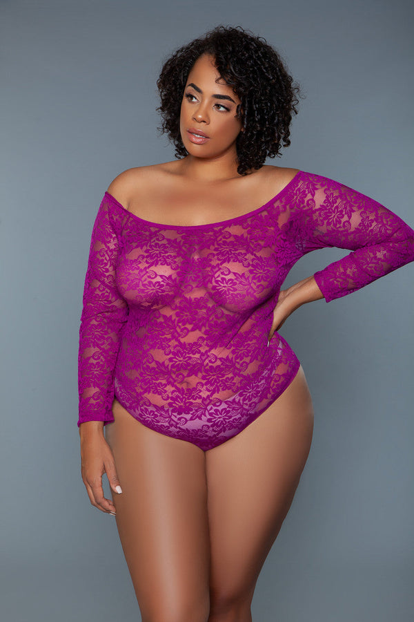 BeWicked Plus Size Queen Marina Bodysuit Dark Magenta Lace