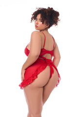 Mapale Queen Playful Babydoll Ruffle Trims Back Tie Heart Thong