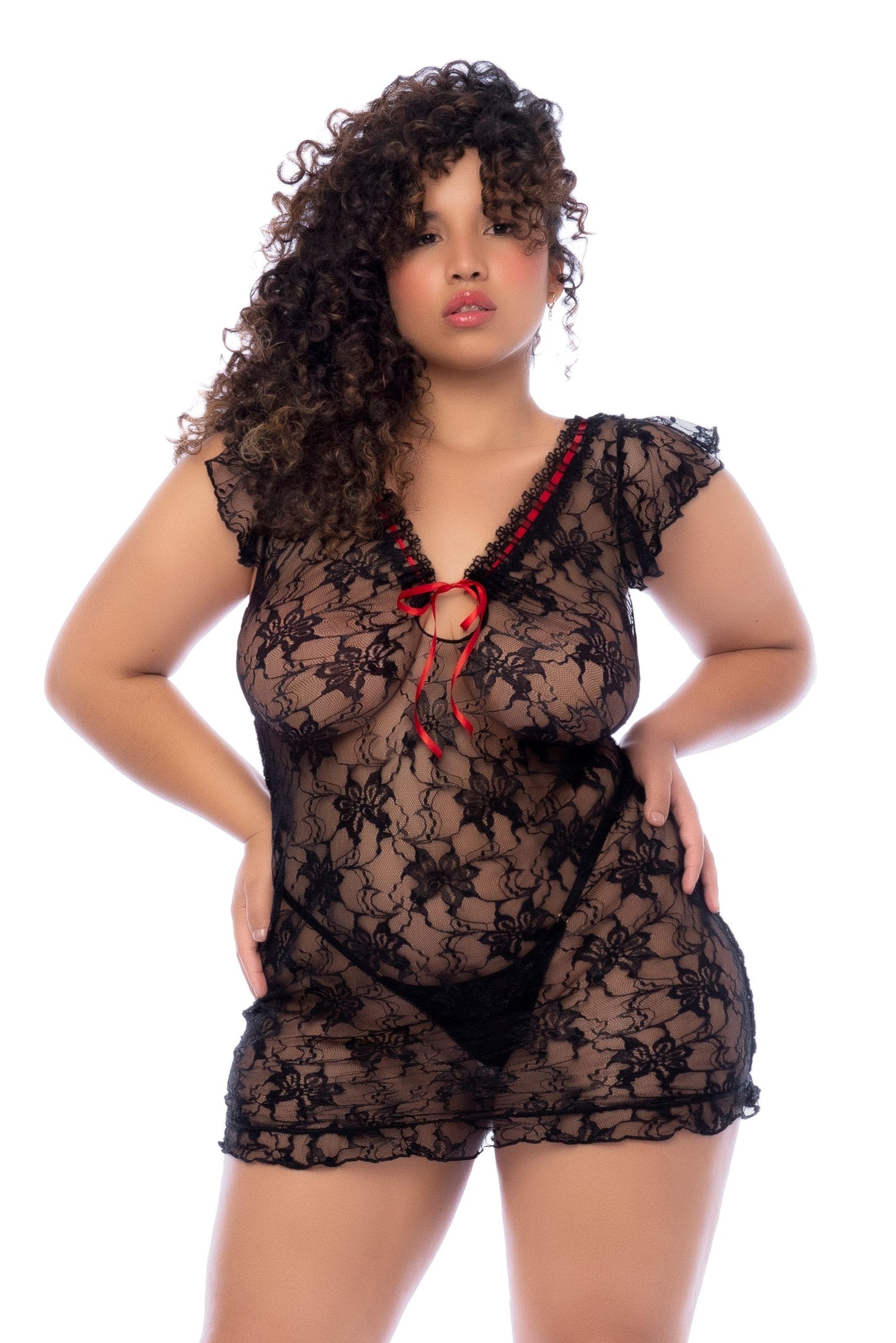 Mapale Plus Size Queen Romantic Lace Red Bow Back Babydoll Black-Rebel Romance