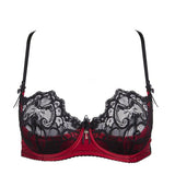 Raissa Quarter Cup Bra: Hot red satin and pitch black lace underwire bra with delicate organza bows.