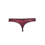 Seductively playful Raissa Red Thong with pitch black lace, lavish overlays, and vibrant satin.
