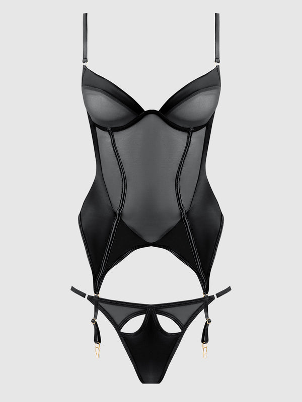 House of Desire Raquel Mesh & Silky Micro Bustier Set Black