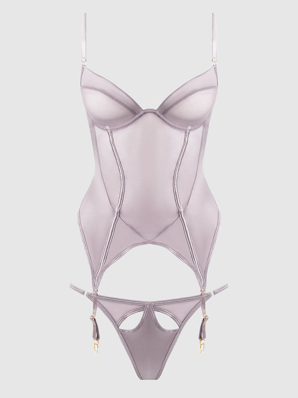 House of Desire Raquel Mesh & Silky Micro Bustier Set Dark Rose