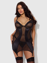Raquel Mesh & Silky Micro Chemise Set Black