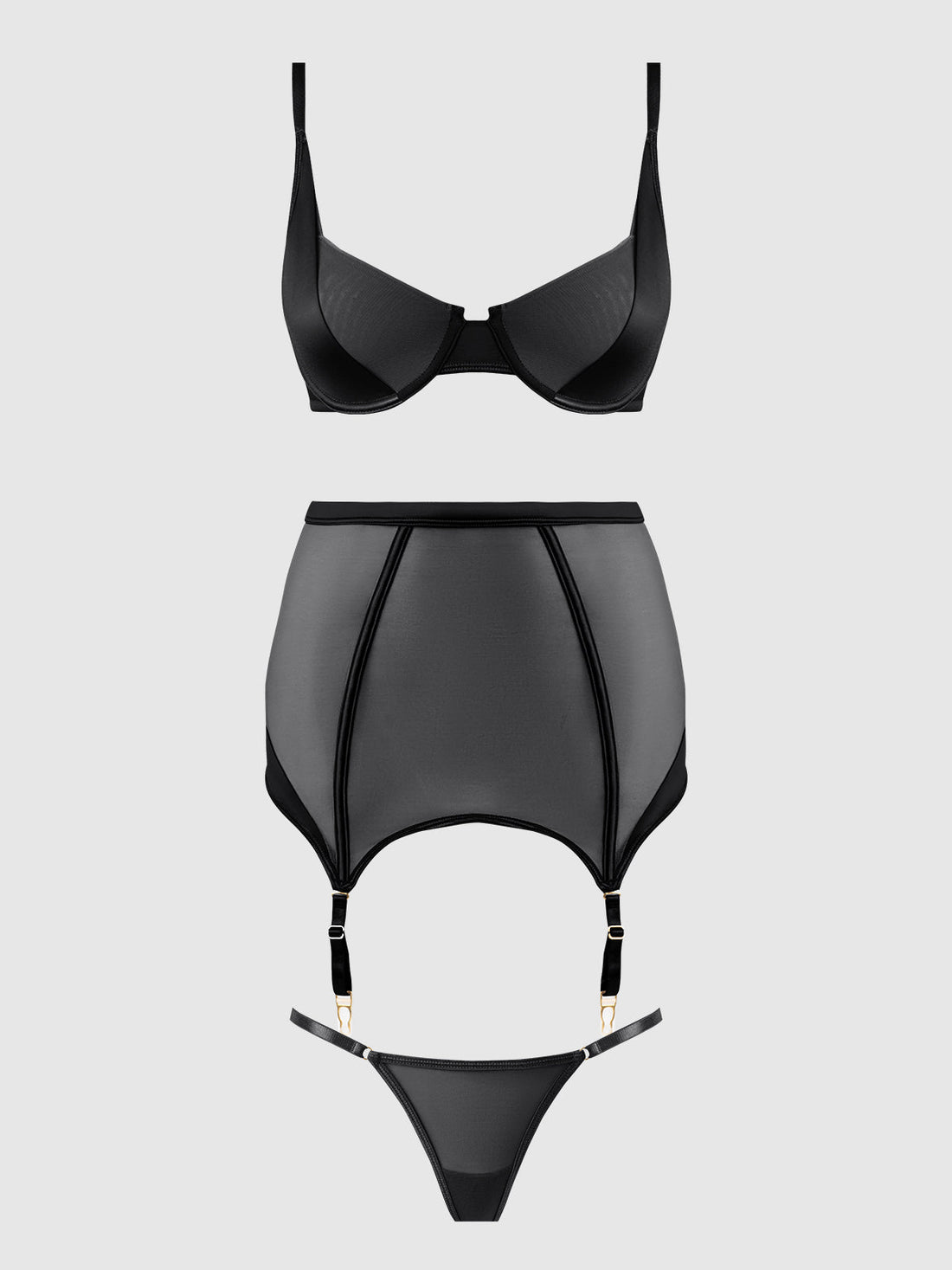 Raquel Mesh & Silky Micro Garter Skirt Bra Set Black