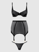 Raquel Mesh & Silky Micro Garter Skirt Bra Set Black