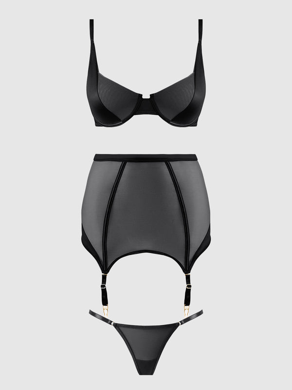 House of Desire Raquel Mesh & Silky Micro Garter Skirt Bra Set Black