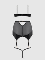 Raquel Mesh & Silky Micro Garter Skirt Bra Set Black