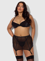 Raquel Mesh & Silky Micro Garter Skirt Bra Set Black