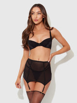 Raquel Mesh & Silky Micro Garter Skirt Bra Set Black