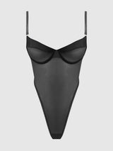 Raquel See Through Mesh & Silky Micro Bodysuit Black