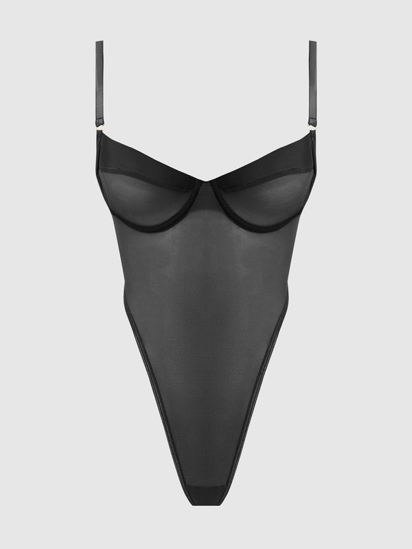 House of Desire Raquel See Through Mesh & Silky Micro Bodysuit Black