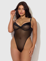 Raquel See Through Mesh & Silky Micro Bodysuit Black