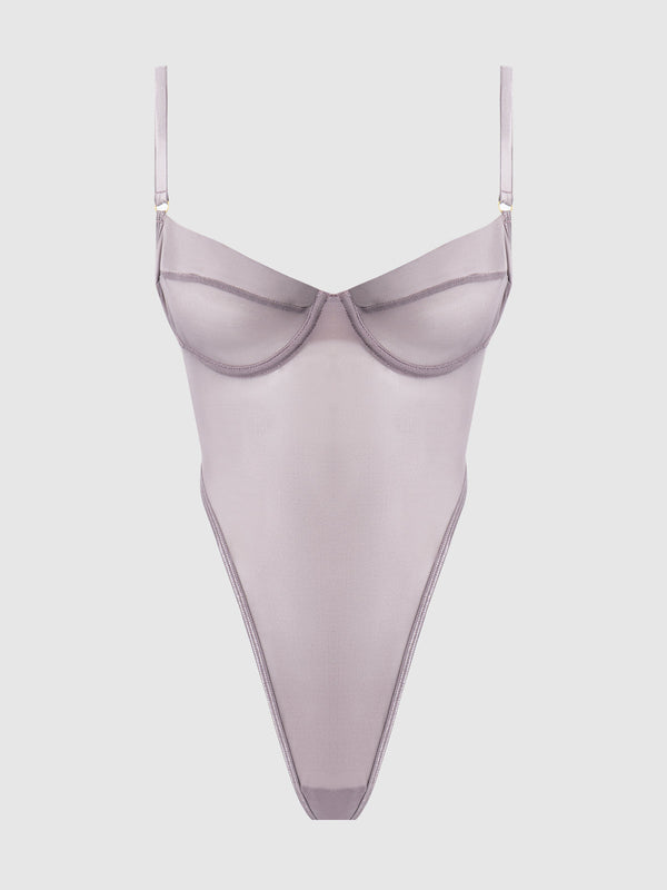 House of Desire Raquel See Through Mesh & Silky Micro Bodysuit Dark Rose