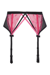 Captivating Axami Raspberry Pudding garter belt in pink lace and black mesh with adjustable straps.
