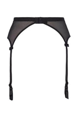 Seductive Axami Raspberry Pudding garter belt in black mesh with adjustable straps and delicate bows.