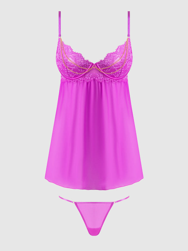 House of Desire Queen Reanna Lace & Chain Babydoll Set Pink