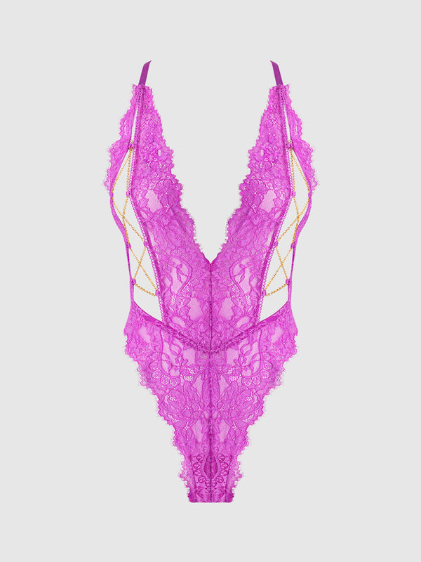 House of Desire Queen Reanna Lace & Chain Deep Plunge Bodysuit Teddy Pink