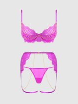 Reanna Lace & Chain Garter Bra Set Pink