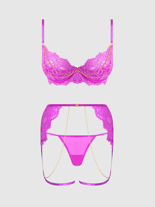 House of Desire Queen Reanna Lace & Chain Garter Bra Set Pink