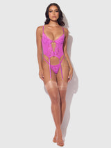 House of Desire Queen Reanna Lace & Chain Merrywidow Bustier Set Pink