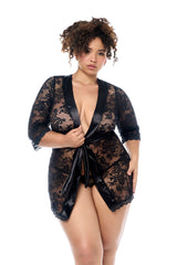 Mapale Rebel Misfit Classic Lace Robe Soft Satin Trim Black