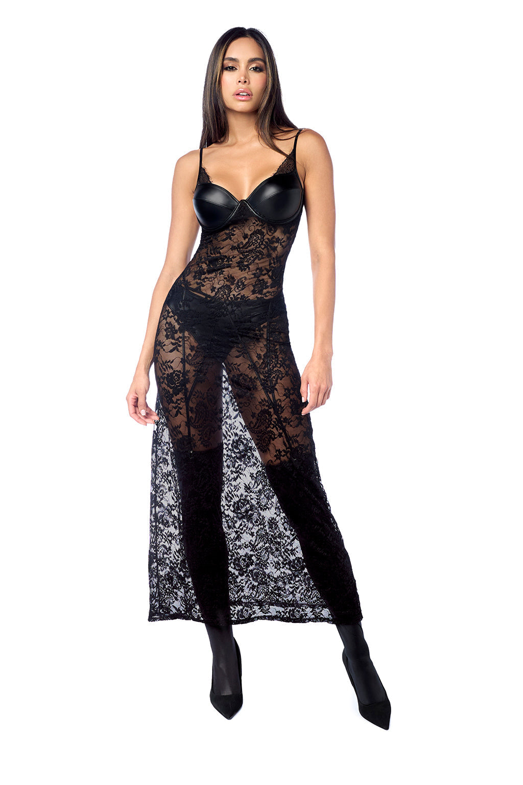 Mapale Rebel Misfit Lace Maxi Night Gown Faux Leather Cups Black